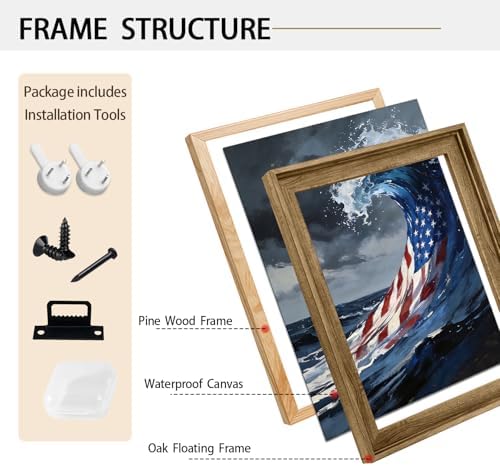 American Flag Framed Canvas Wall Art, 4th of July Patriotic Canvas Prints | USA Flag Ocean Waves Abstract Poster Print, Independence Day Wall Decor for Bedroom Living Room Office 11×14in