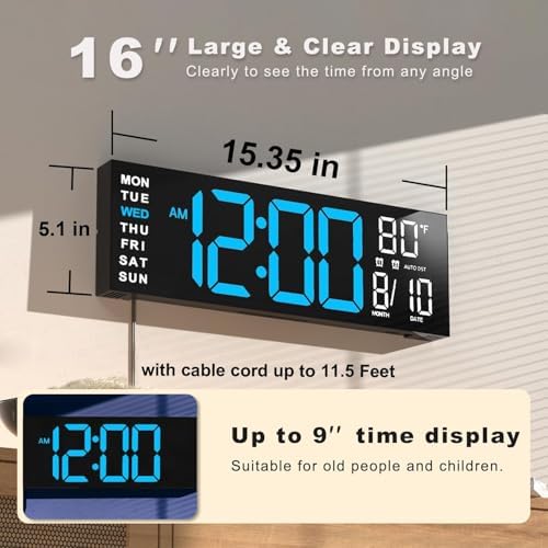 JALL 16" Large Digital Wall Clock with Remote, Back to School Classroom, Gift for Student Teacher, Big LED for Seniors, Auto Dimming, 8 RGB Colors, Night Light, Timer, Temperature for Living Room