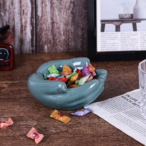 Ceramic Hands Bowl Dish Sculpture, Giving Hands Candy Holder for Succulent Planter, Crystal Rock Holder, Office, Keys Bowl for Entryway Table (Blue)