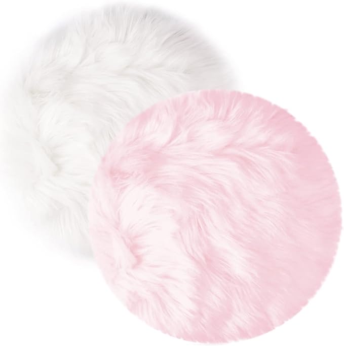 2Pack 12’’ Small Faux Fur Cushion Fluffy Plush Area Rug Photo Props | Small Product Photo Background for Tabletop Photography, Luxury Jewelry, Nail Art, Home Decor (Round, White + Pink)