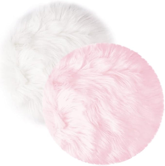2Pack 12’’ Small Faux Fur Cushion Fluffy Plush Area Rug Photo Props | Small Product Photo Background for Tabletop Photography, Luxury Jewelry, Nail Art, Home Decor (Round, White + Pink)
