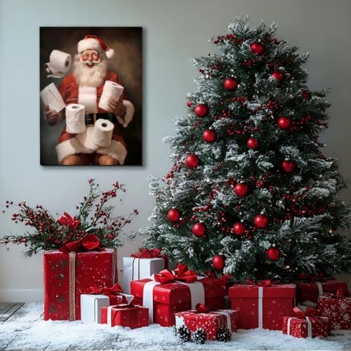 FLZYKGPA Funny Christmas Santa Bathroom Wall Art Prints 8x12in, Winter Christmas Santa Claus Posters Pictures Wall Decor for Shower Room Bathroom Washroom, Framed Ready to Hang