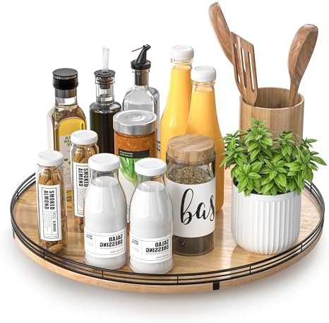AMH 16-Inch Farmhouse Oak Lazy Susan Organizer for Table and Cabinet