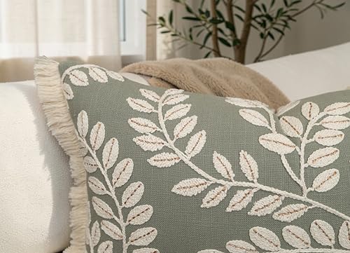 Rudransha Botanical Vine Embroidered 12x20 Lumbar Throw Pillow Cover - Sage Green Cream Cotton with Fringe Trim - Cushion Case for Couch Sofa Bed - Philodean Leaves