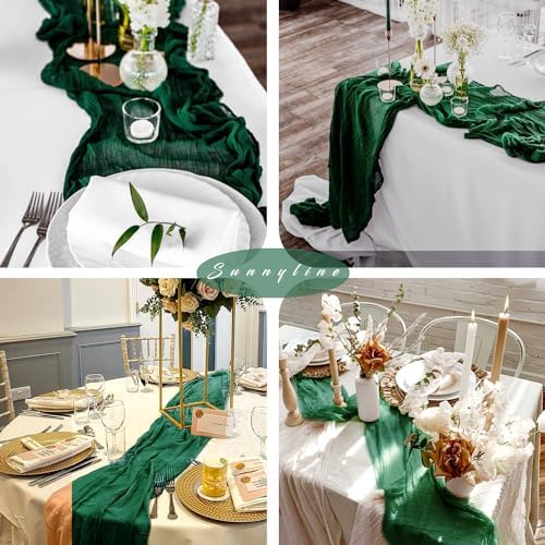 12 Pcs 10FT Emerald Green Cheesecloth Table Runner Gauze Fabric 35 x 120 Inches Long Boho Cheese Cloth Table Runner Rustic Semi Sheer Runner for Wedding Birthday Bridal Shower Party (Emerald Green)