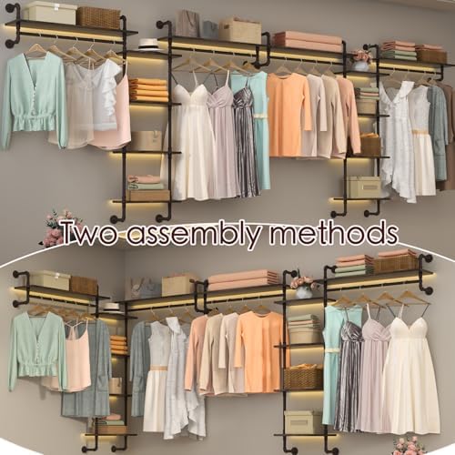 Helsin 5-Tiers 74inch Large Rustic Industrial Pipe Floating Shelving, Wall Mounted Heavy Duty Clothes Rack with Double Hanging Rods Display Storage Rack for Bedroom Organization & Home Décor