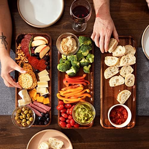 Large Solid Acacia Wood Serving Trays (17 x 6.5 inches) Rectangular Wooden Serving Platters for Home Decor, Food, Vegetables, Fruit, Charcuterie, Appetizer Serving Tray, Cheese Board (Set of 3 Plates)