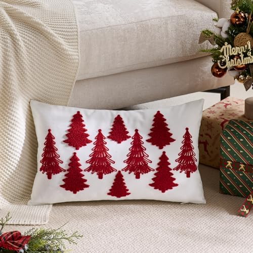 White Christmas Pillow Covers 12x20 Inch Embroidery Red Xmas Trees Decorative Lumbar Throw Pillow Cover Winter Holiday Pillow Case Cushion Cases for Sofa Couch Living Room Decorations