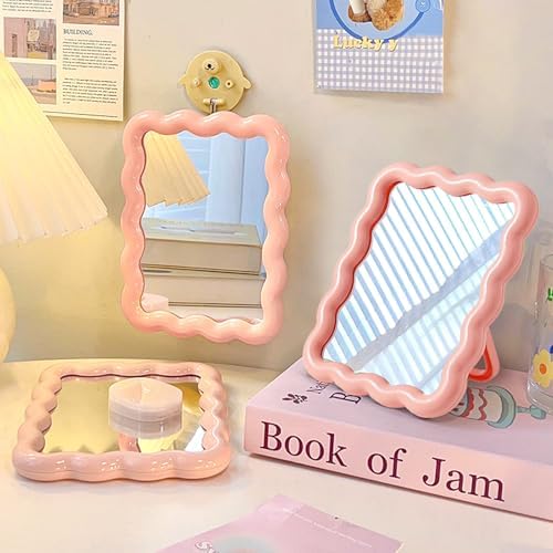 Wave Table Desk Vanity Makeup Mirror Small Make Up Office Mirror Pink | Desk Decor,Cute Mirror,Cute Desk Accessories,Mini Mirror,for Standing Hanging,6.7X5.3Inch,Home Decor