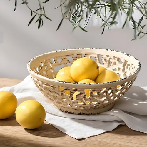 SIDUCAL Ceramic Fruit Bowl for Kitchen Counter,Decorative Fruit Basket with Holes, 10.43" Large Hollow Out Fruit Vegetable Holder Bowl for Table Decor, Beige
