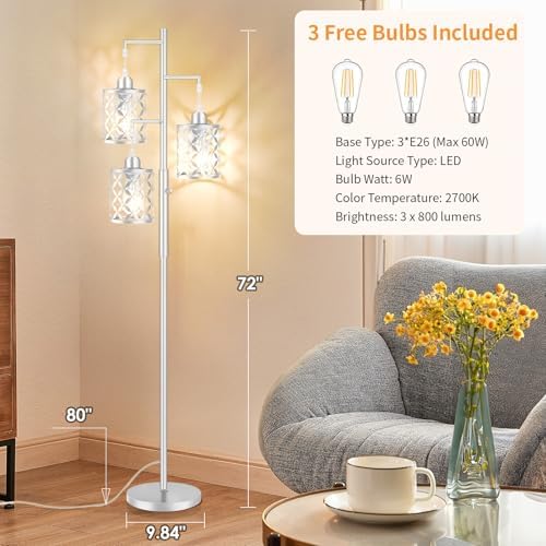 72" Modern Tree Floor Lamp, Dimmable Minimalist Tall Standing Lamp with Metal Cages & Rotary Dimmer Knob, Corner Decor Lighting for Living Room Bedroom Cafe, 3 x 800LM Bulbs Included-Silver
