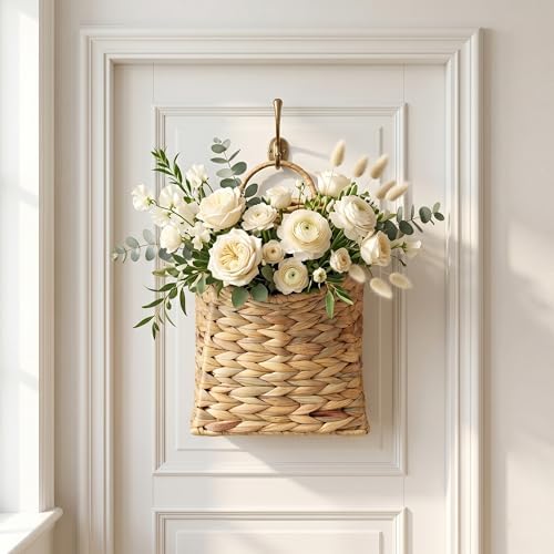 PINXIURY Water Hyacinth Hand Woven Basket, Wicker Hanging Wall Basket, handmade Decor & Storage Organizer for Entryway, Bathroom, Living Room, Farmhouse, and Front Door, 8.7 x 4.7 x 11.4 inch