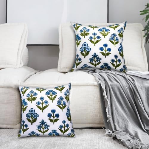 Alysheer Floral Block Embroidered Throw Pillow Cover 18"x18" Set of 2, Blue