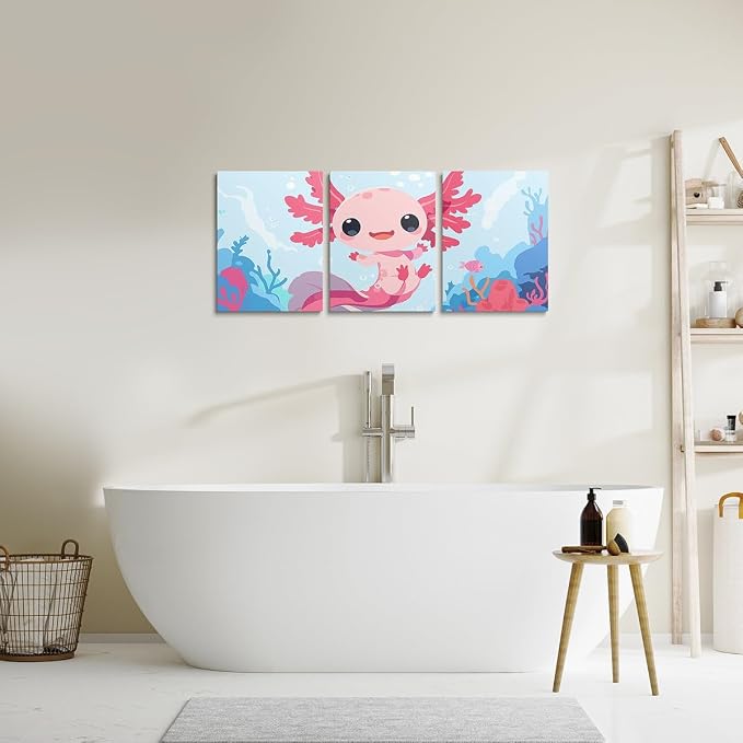 Feelyou Boys Girls Cute Axolotl Picture Wall Decor Ocean Sealife Canvas Wall Art for Bedroom Kids Cartoon Salamander Wall Painting Posters and Prints Kawaii Teens Wall Art Room Decor 12"x16"x 3Pcs