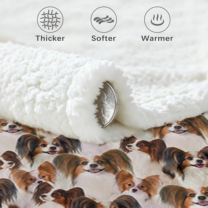 BlessLiving Throw Blanket, Dog Animal, Twin | sherpa fleece fabric, Papillon Shepherd Plush Lover Gifts print, for couch or sofa, pet lovers, easy machine care