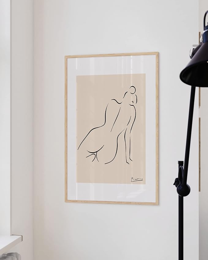 HAUS AND HUES Picasso Line Drawing Poster - Pablo Picasso Abstract Woman Wall Art, Woman Silhouette Minimalist Line Art. Female Figure Wall Print (Beige Frame, 24x36)
