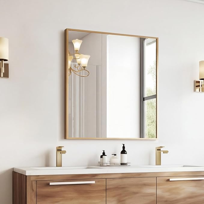 Sweetcrispy Bathroom Mirror, 30" x 36" Rectangle Wall Mount Mirrors | Modern Vanity Mirror with Tempered Glass, Metal Frame, for Home Decor, Anti-Rust, Gold