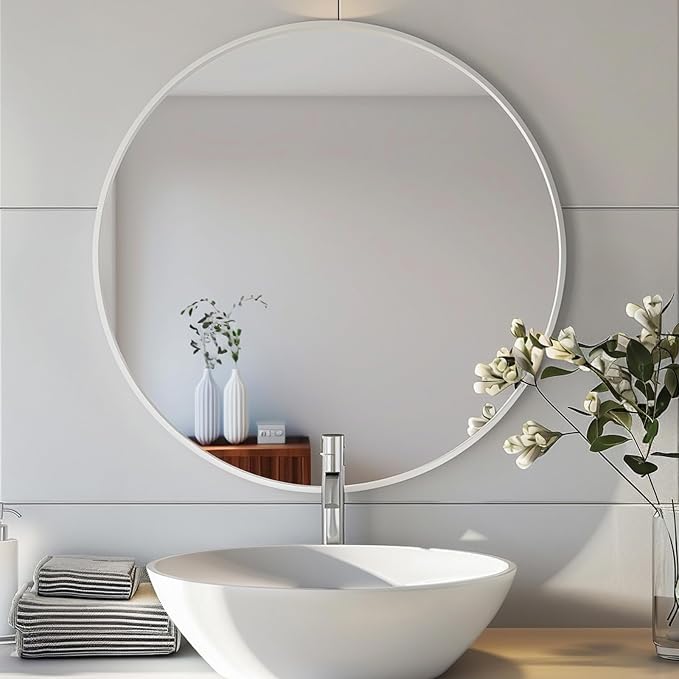 Round Mirror 28 inch, Round White Mirror, Matte White Metal Frame | High Definition Mirror, Rust-resistant, Easy Installation, Circular Mirrors for Living room Bedroom, Entrance, Restroom