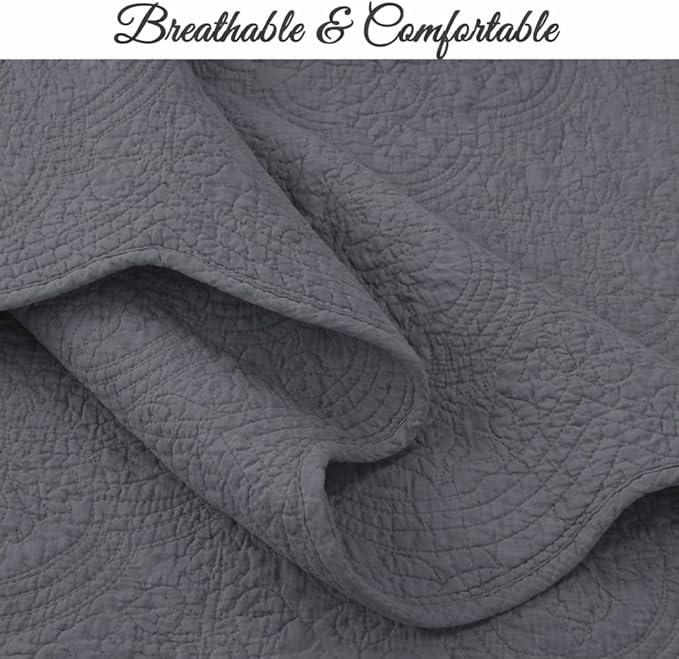 Cozy Line Home Fashions Charcoal Gray Cotton Quilt Set – 3-Piece Solid Textured Quilted Bedspread with Shams, Lightweight All Season Modern Bedding (Blantyre - Grey, Queen - 3 piece)