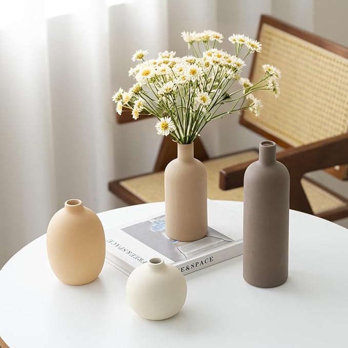 Modern Ceramic Vase Set, Neutral Colors, Decorative Vases for Home Shelf Decor, 4 Piece Collection, Happy Birthday Gifts for Women Mom Her Friend Sister Wife Grandma, Self Care Gift (Coffee Mix set 4)