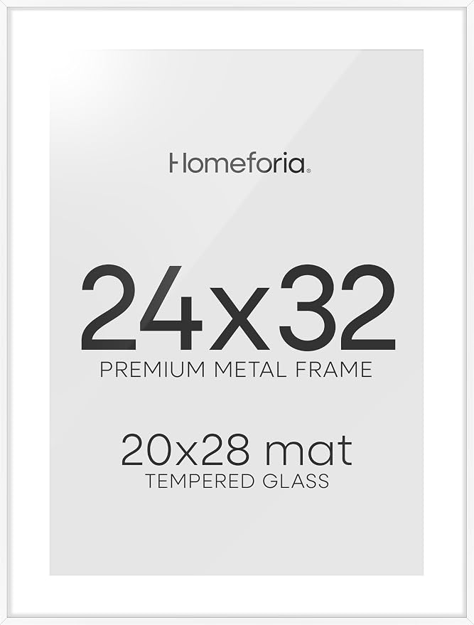 Homeforia 24x32 White Poster Frame, High-End Metal, 20x28 Mat, Glass
