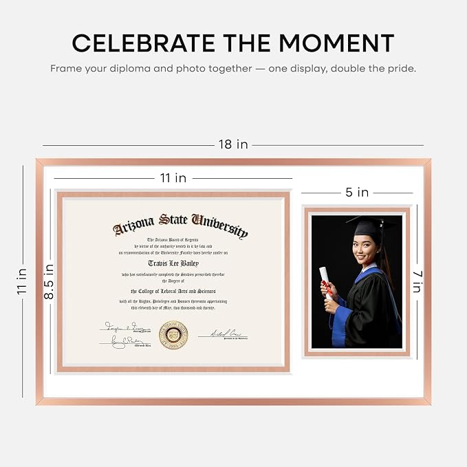 Homeforia 11x18 Rose Diploma Frame, High-End Metal, 8.5x11 & 5x7 Mat