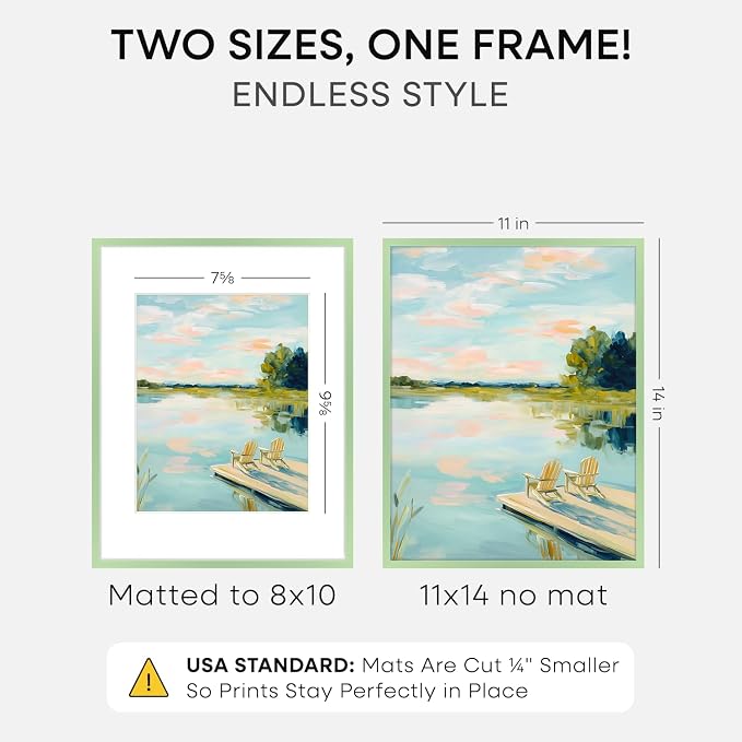 Homeforia 11x14 Green Picture Frame, High-End Metal, 8x10 Mat, Glass