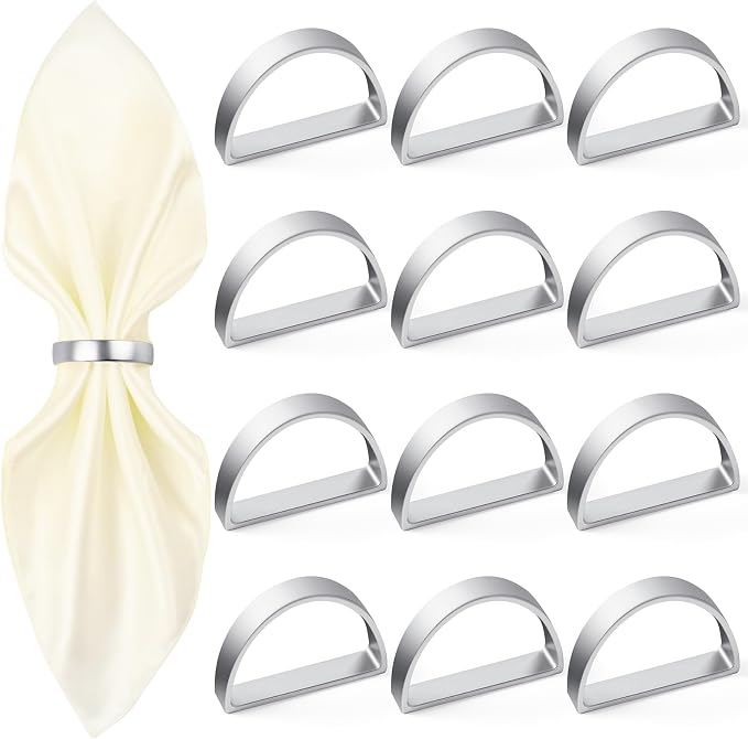 APTWOW Silver Napkin Rings Set of 12, Thanksgiving Christmas Table Decor | Semicircle, Metal, Silver Napkin Holder Buckles, Fall Napkin Rings for Dinner Table Decor, Wedding, Banquet, Valentines Day