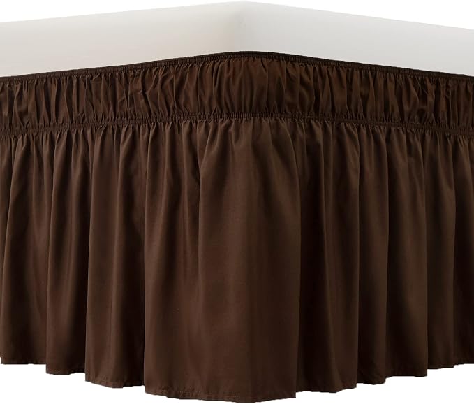 MEILA Wrap Around Elastic Bed Skirt for Queen & King Beds, 24" Drop,Brown | Three-Side Adjustable Elastic Dust Ruffle, Ruffled Polyester Fabric, Easy to Install, Fade Resistant & Machine Washable