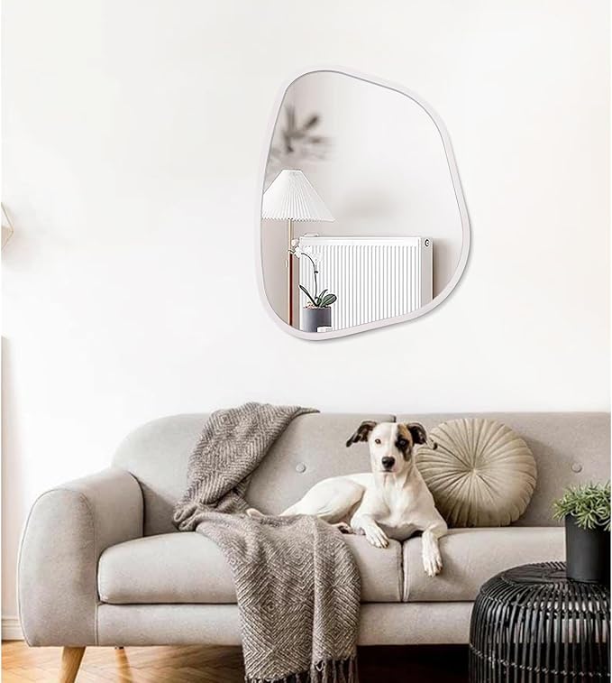 Irregular Oval Wall Mirror Large White 20"x16" Inches Asymmetrical Mirror Modern Wood Frame Unique Shape Wall Mounted Vanity Artistic Mirror Decor for Living Room Bedroom Bathroom Entryway
