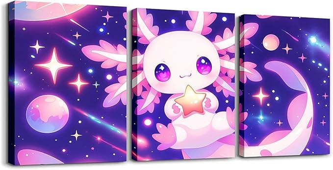 Feelyou Kids Cute Axolotl Picture Wall Decor Galaxy Planet Space Canvas Wall Art for Living Room Bedroom Cartoon Animal Wall Painting Boys Girls Dreamy Starry Teens Bathroom Wall Art 12"x16"x 3Pcs