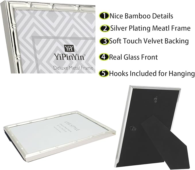 YiPinYin 3-2x3'' Silver Multi Metal Picture Frames 3 setion frame 2pack, Bamboo Detail Silver Plated Nurse Photo Frames 3-2x3'' Baby frames With Soft Velvet Backing for Desktop and Wall Décor