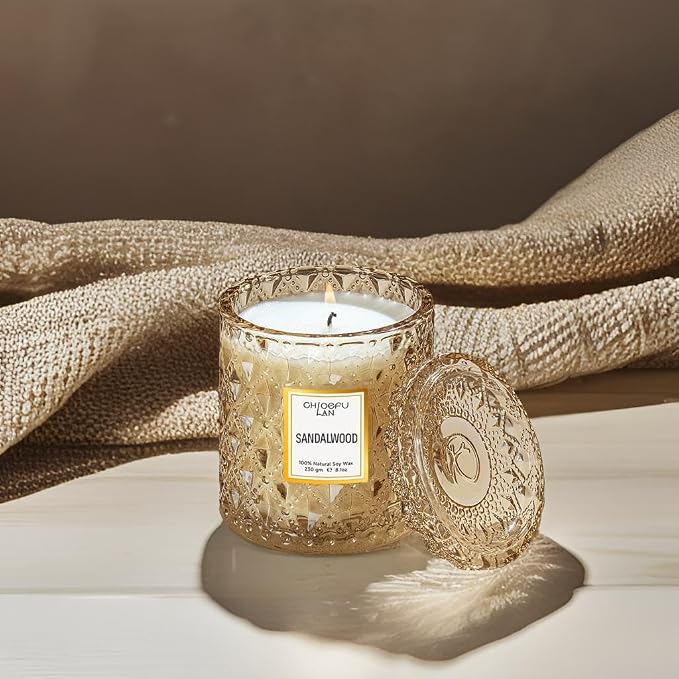 Chloefu LAN Sandalwood Candle, Dad Gifts Candle, Natural Soy Scented Candles for Stress Relief, 55 Hours Lasting Burning, Great Gift for Women & Men