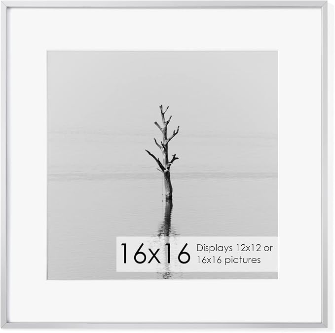 16x16 Metal Picture Frame with 12x12 Mat, Brushed Aluminum Finish, Tempered Glass Front, and Attached Hanging Hardware - Versatile Wall Display Frames for Vertical or Horizontal Orientation - Sliver