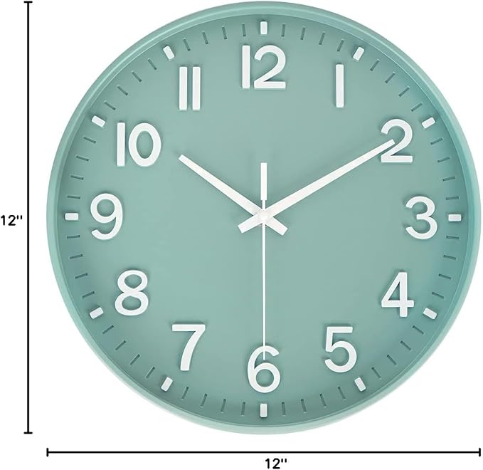 HZDHCLH 12 Inch Silent Wall Clock Battery Operated Non Ticking Green | Non Ticking 3D Numbers Round Clock for Wall, Green Wall Clock for Kitchen Bedroom Living Room Office Classroom Decor