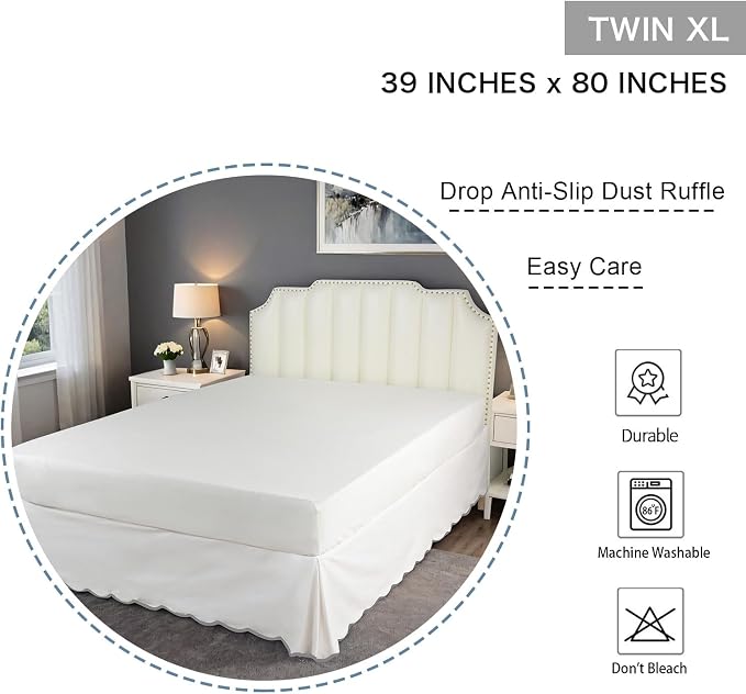 HIG Chic 14'' Twin BedSkirts Scallop Edge Pleated Dust Ruffle | Easy Fit, Anti-Slip, Thick Fabric for Enhanced Privacy, Pre-Washed for Long-Lasting Use, Off White/Light Gray