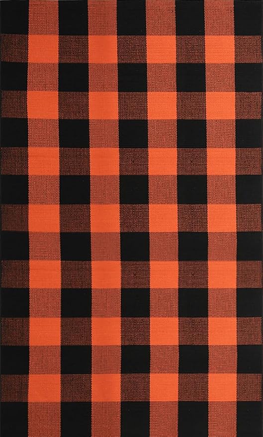 Buffalo Plaid Outdoor Rug 3x5 Ft Orange and Black Checkered Area Rug Halloween Washable Doormats Fall Indoor Outdoor Rugs for Layered Front Door Mats, Porch, Entryway, Kitchen, Farmhouse