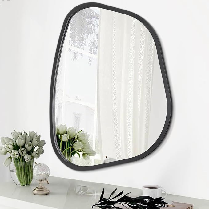 Asymmetrical Mirror for Wall Irregular Oval Wood Frame Modern Unique Accent Wall Mirror Decorative Vanity Bathroom Living Room Bedroom Entryway Hallway Artistic Wavy Mirror Small 14"x10"
