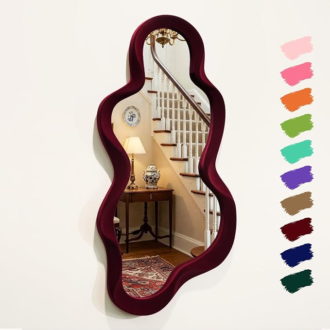 Mirror Wall Decor for Retro Living Room Bedroom,13.8x29.7,Wine Red | Soft Flocking Touch,Asymmetrical Decorative Mirror for Entry Porch Staircase,Retro Modern Hanging Wall Art Gift for Wedding