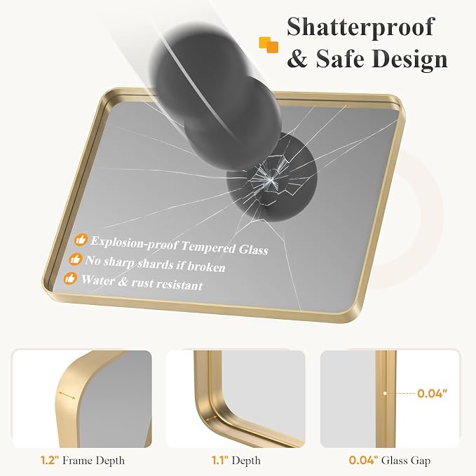 Sweetcrispy Bathroom Mirror 20x16 Inch, Vanity Mirror for Wall | Metal Framed Rounded Rectangle, Over Sink, Farmhouse, Restroom, Anti-Rust, Horizontal or Vertical Hanging, Gold