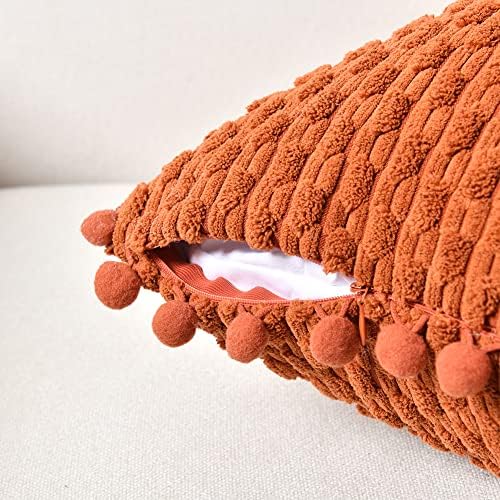 Fancy Homi Set of 2 Rust Decorative Throw Pillow Covers 18x18 Inch with Pom-poms for Couch Bed Sofa, Modern Farmhouse Boho Home Decor, Soft Plush Corduroy Terracotta Cushion Case 45x45 cm