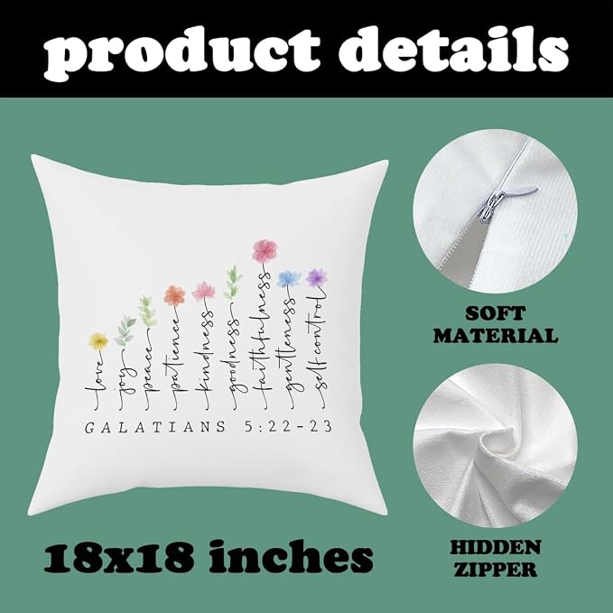 Fokongna Bible Verse Pillowcase 5:22-23 The Fruit Christian Faith Decor Script 18 x 18 Inch Throw Pillow Covers for Bedroom Living Room Couch Bed Sofa, Floral Decor Pillowcase