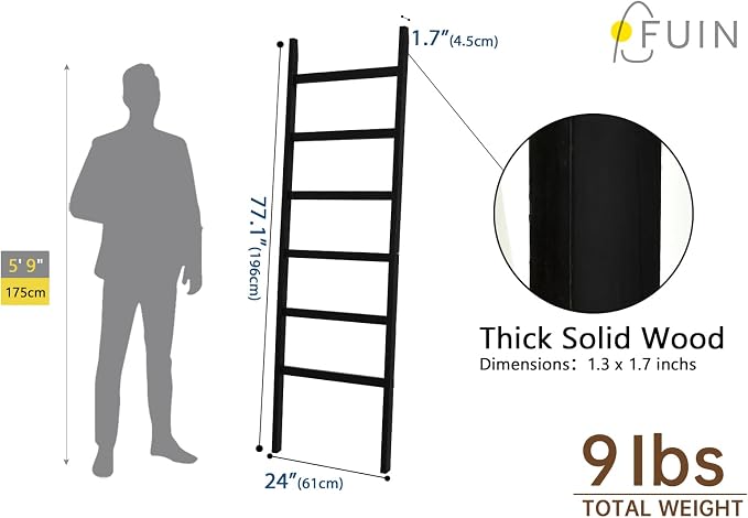 FUIN Blanket Ladder, 24in Wide Rustic Solid Wood Decor Rack, Black | 6.4 ft high and 6 rungs, farmhouse quilt display holder, organize towel and scarf, leaning wall, bathroom and living room use