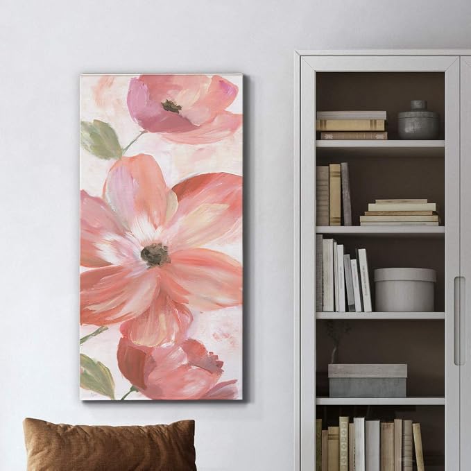 Renditions Gallery Canvas Floral Wall Art Home Paintings & Prints Pink Blooming Flowers Glam Modern Botanical Vibrant Decorations Artwork for Bedroom Office Kitchen - 20"x40" LT43