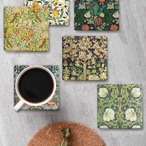 HUXJOKO Coasters for Drinks Set of 6,William Morris Floral Pattern Absorbent Ceramic Coaster,Square Stone Mat,with Cork Base and Metal Holder for Coffee Table Room Bar Home Decor Housewarming Gifts