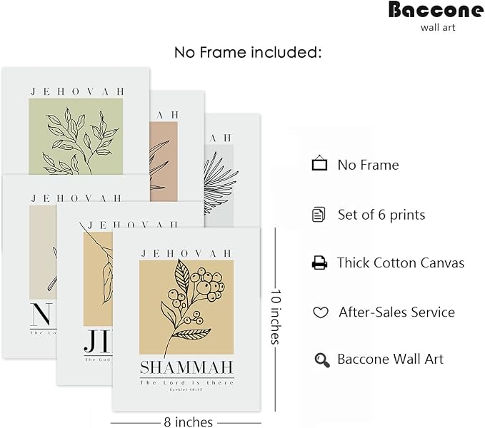 Bible Wall Art Print Set of 6 Christian Scripture Wall Art Decor Jehovah Jireh Rapha Shalom Shammah Nissi Raah Wall Art Bible Verse Poster Modern Minimalist for Living Room Bedroom 8x10 Inch UNFRAMED