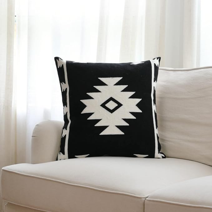 IKATYARN Black White Aztec Embroidery Throw Pillow Cover, Boho Tribal Geometric Pillowcase, Modern Farmhouse Cushion Case for Couch Sofa Bed, 20"x20"