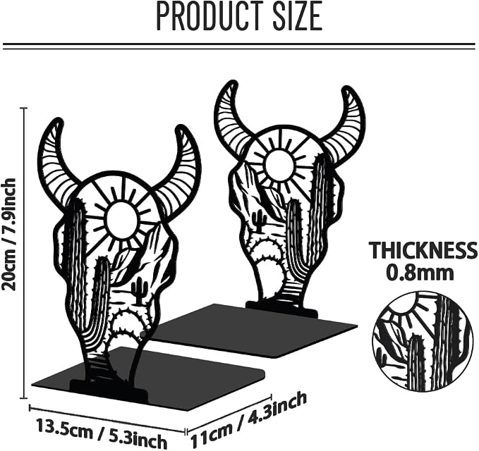 WADORN 1 Pair West Cow Skull Metal Decorative Bookend for Shelves, Heavy Duty Book Ends Modern Non-Skid Books Holder Stand Black Book Support Stoppers for Desk Bookshelf Office Home, 5.3x4.3x7.9 Inch