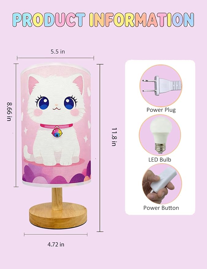 Cat Lamp, Lamps for Girls Bedroom, 3 Colors Nightstand Light Lamp, Round Wood Base Flaxen Fabric Desk Lamp for Kids Room, Cat Table Lampp Gift for Girls (LED Bulb Included) (Kitten)