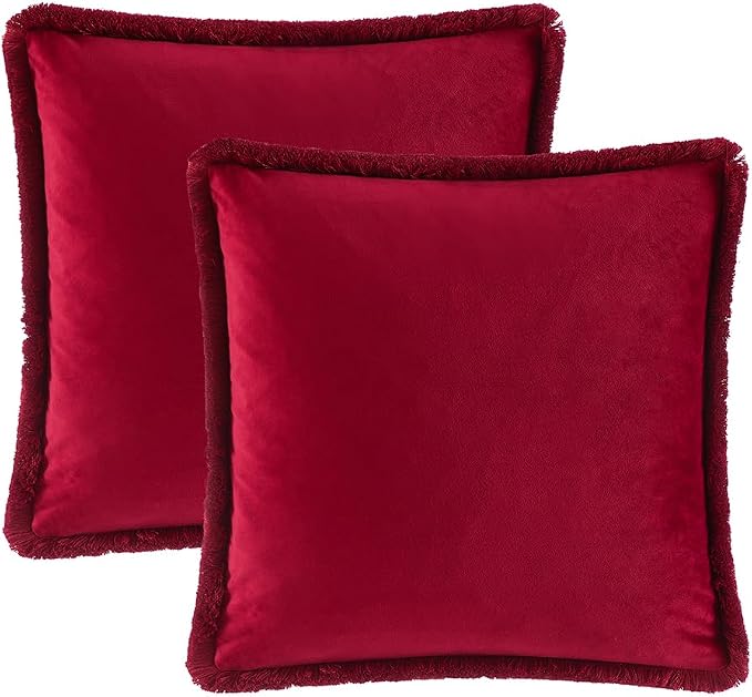 JUSPURBET Red Velvet Throw Pillow Covers 24x24 Inch Set of 2 with Soft Tassel Fringe Luxury Boho Pillowcase for Sofa Couch Bed Home Decor Machine Washable